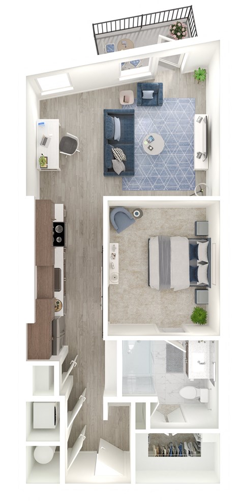 a stylized floor plan with a bedroom and a living room